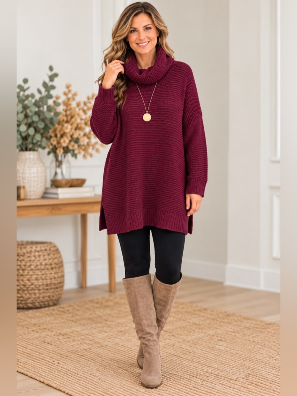 Lands’ End 1X Burgundy Oversized Cowl Neck Cotton Blend Tunic Sweater